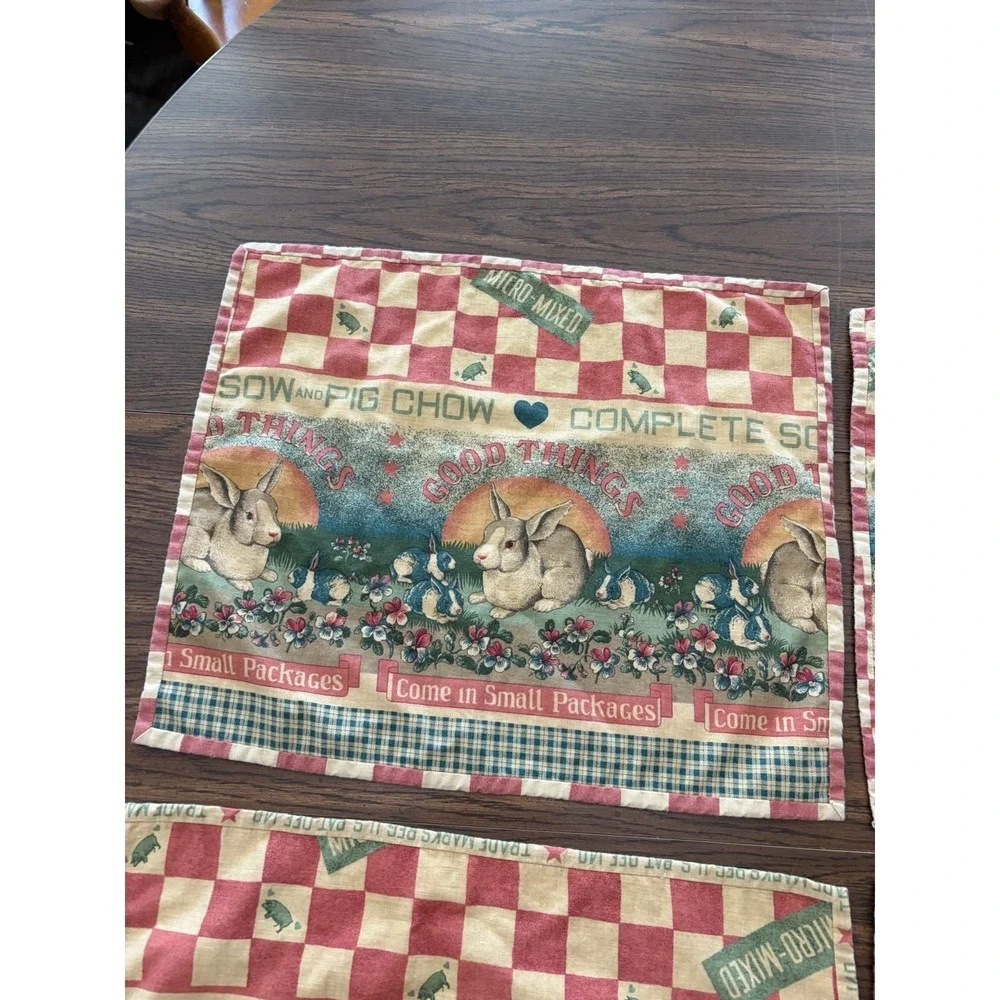 Vintage Feed Sack Style Farmhouse Placemats Set If 4 Rooster Bunny Cottagecore